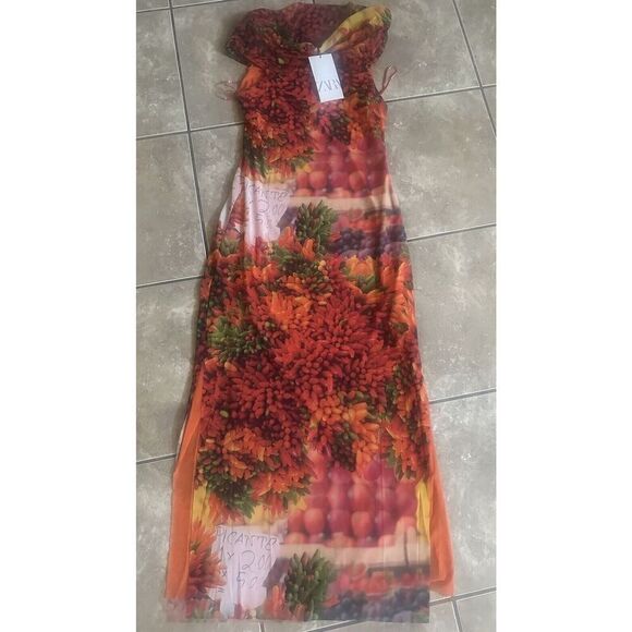 NWT Zara M Long Printed Tissue Dress Stretch - Picture 1 of 11